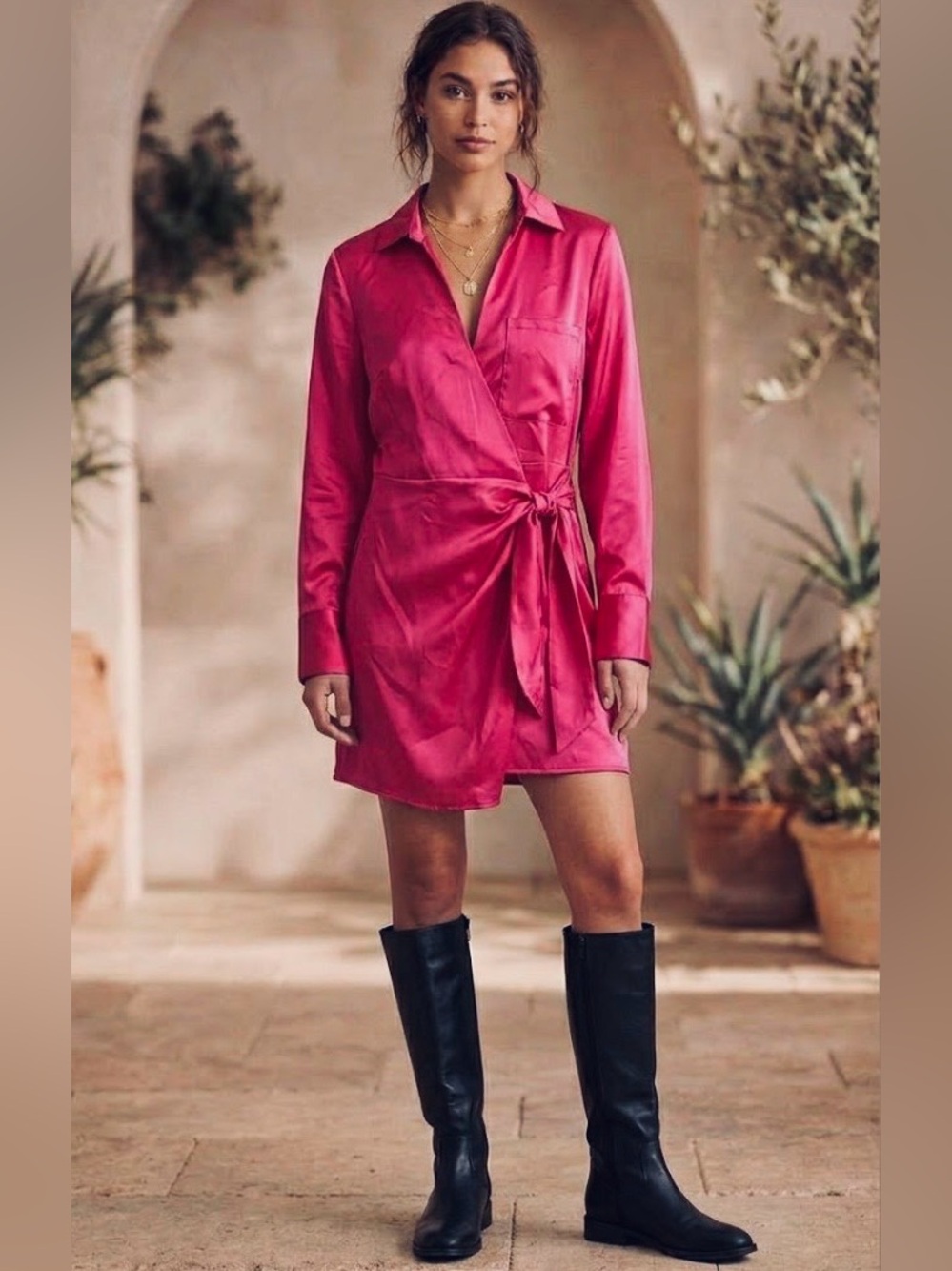 Forever 21 satin long-sleeve faux-wrap mini shirt dress in a vibrant pink Small